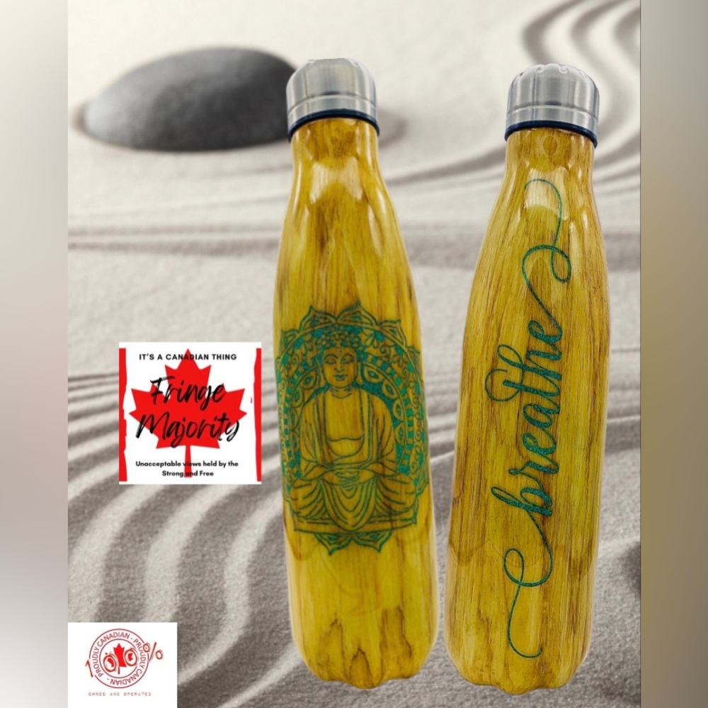 Breathe, 17oz water bottle, hand painted wood grain, teal glitter, epoxy sealed
